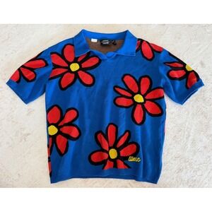 WeSC Johnny Collar Polo Daisy's Blue Red Floral Knit Shirt Unisex